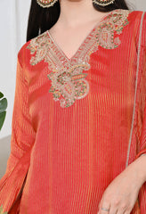 Rust Orange Ombre Tissue Silk Embroidered Suit- Set of 3