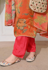 Rust Orange Ombre Tissue Silk Embroidered Suit- Set of 3