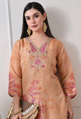 Beige Tissue Silk Embroidered Suit- Set of 3