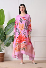 Lavender A-line Digital Print Muslin Sequin Work Suit - Set of 3