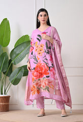 Lavender A-line Digital Print Muslin Sequin Work Suit - Set of 3