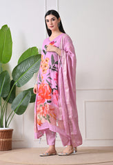 Lavender A-line Digital Print Muslin Sequin Work Suit - Set of 3