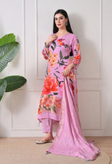 Lavender A-line Digital Print Muslin Sequin Work Suit - Set of 3