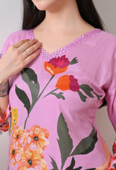 Lavender A-line Digital Print Muslin Sequin Work Suit - Set of 3