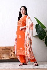 Orange Pure Crepe Suit with Beaded Neckline - Set of 3