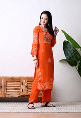 Orange Pure Crepe Suit with Beaded Neckline - Set of 3