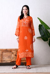 Orange Pure Crepe Suit with Beaded Neckline - Set of 3
