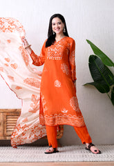 Orange Pure Crepe Suit with Beaded Neckline - Set of 3