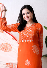 Orange Pure Crepe Suit with Beaded Neckline - Set of 3