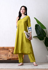 Green Modal Silk A-Line Kurta Set - Set of 2