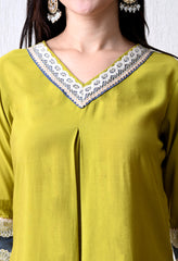 Green Modal Silk A-Line Kurta Set - Set of 2