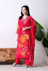 Magenta Pure Crepe Digital Print Suit- Set of 3