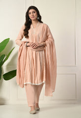 Peach Dobby Mul Cotton Embroidered Anarkali Suit - Set of 3