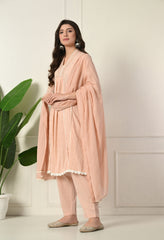 Peach Dobby Mul Cotton Embroidered Anarkali Suit - Set of 3