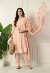 Peach Dobby Mul Cotton Embroidered Anarkali Suit - Set of 3