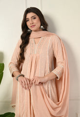 Peach Dobby Mul Cotton Embroidered Anarkali Suit - Set of 3