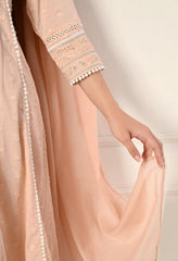 Peach Dobby Mul Cotton Embroidered Anarkali Suit - Set of 3