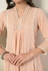 Peach Dobby Mul Cotton Embroidered Anarkali Suit - Set of 3