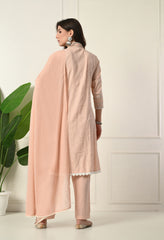 Peach Dobby Mul Cotton Embroidered Anarkali Suit - Set of 3