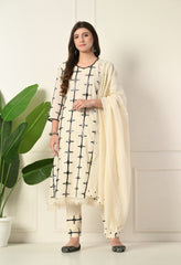 Off-White Thread and Mirror Work Cotton A-Line Suit - Set of 3