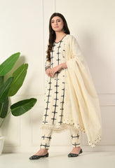 Off-White Thread and Mirror Work Cotton A-Line Suit - Set of 3