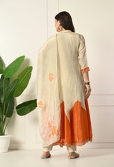 Ivory and Orange Shimmer Tissue Digital Print Anarkali Zari Sequin Work and Embroidery - Set of 3