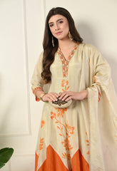Ivory and Orange Shimmer Tissue Digital Print Anarkali Zari Sequin Work and Embroidery - Set of 3