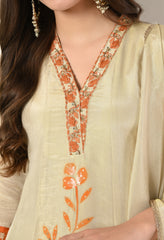 Ivory and Orange Shimmer Tissue Digital Print Anarkali Zari Sequin Work and Embroidery - Set of 3