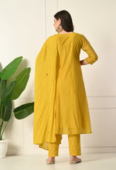 Mustard Yellow Mirror Work Mul Chanderi Suit - Set of 3