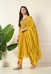 Mustard Yellow Mirror Work Mul Chanderi Suit - Set of 3