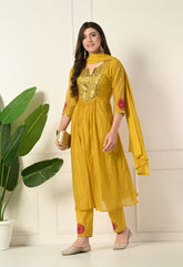 Mustard Yellow Mirror Work Mul Chanderi Suit - Set of 3