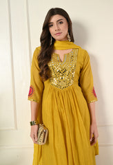 Mustard Yellow Mirror Work Mul Chanderi Suit - Set of 3