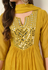 Mustard Yellow Mirror Work Mul Chanderi Suit - Set of 3