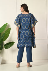 Blue Gota Patti Work Mul Cotton Kaftan with Inner and pants- Set of 3