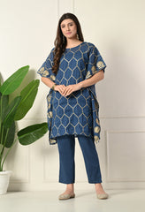 Blue Gota Patti Work Mul Cotton Kaftan with Inner and pants- Set of 3