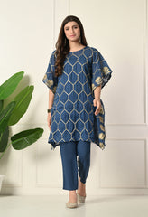 Blue Gota Patti Work Mul Cotton Kaftan with Inner and pants- Set of 3