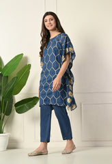 Blue Gota Patti Work Mul Cotton Kaftan with Inner and pants- Set of 3
