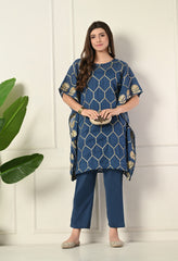 Blue Gota Patti Work Mul Cotton Kaftan with Inner and pants- Set of 3