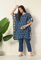 Blue Gota Patti Work Mul Cotton Kaftan with Inner and pants- Set of 3