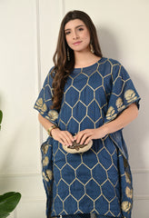 Blue Gota Patti Work Mul Cotton Kaftan with Inner and pants- Set of 3