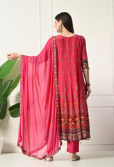 Ruby Red Crepe Digital Print Mirror Work Anarkali Suit - Set of 3