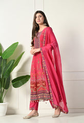 Ruby Red Crepe Digital Print Mirror Work Anarkali Suit - Set of 3