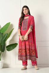 Ruby Red Crepe Digital Print Mirror Work Anarkali Suit - Set of 3