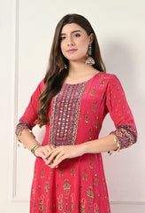 Ruby Red Crepe Digital Print Mirror Work Anarkali Suit - Set of 3