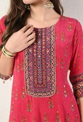 Ruby Red Crepe Digital Print Mirror Work Anarkali Suit - Set of 3