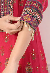 Ruby Red Crepe Digital Print Mirror Work Anarkali Suit - Set of 3