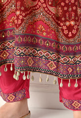 Ruby Red Crepe Digital Print Mirror Work Anarkali Suit - Set of 3