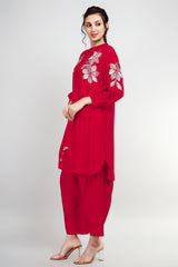 Red Cotton Silk Zari Embroidered Indo-Western Set- Set of 2