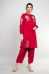 Red Cotton Silk Zari Embroidered Indo-Western Set- Set of 2