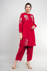 Red Cotton Silk Zari Embroidered Indo-Western Set- Set of 2